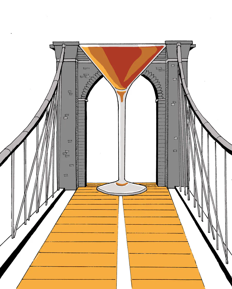 A martini cocktail glass standing on the wooden walkway of the Brooklyn Bridge, seen in perspective