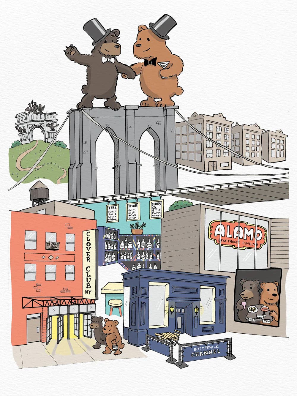 Two dapper bears in top hats standing atop the Brooklyn Bridge towers surrounded by Brooklyn neighborhood vignettes