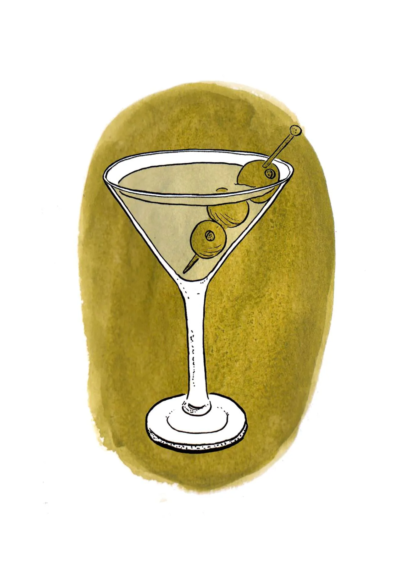Watercolor illustration of a martini glass with olives on a pick, centered on olive-green background, rendered in ink and gouache.