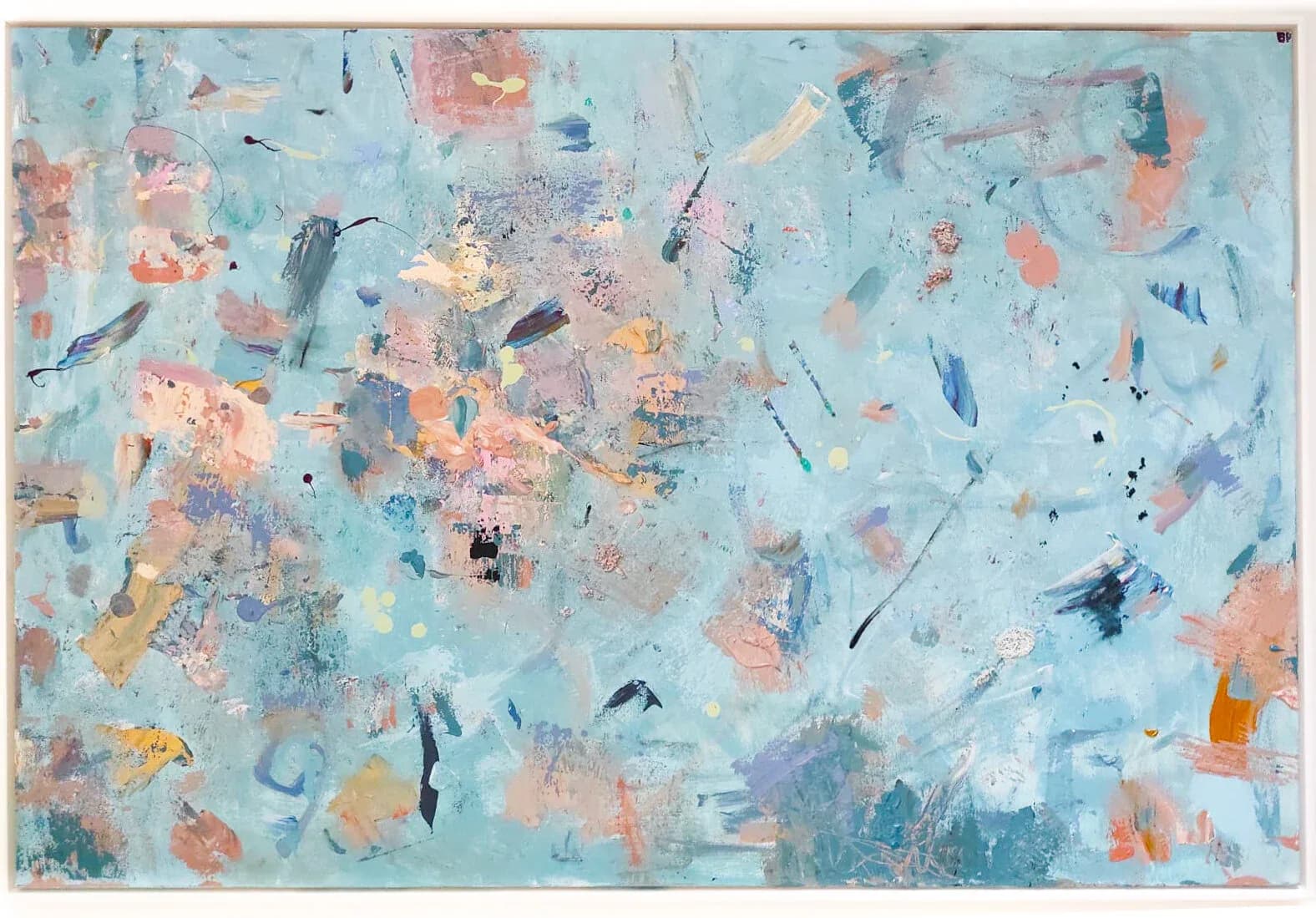 Large-scale abstract painting on aqua/teal ground with scattered gestural marks in peach, pink, orange and navy