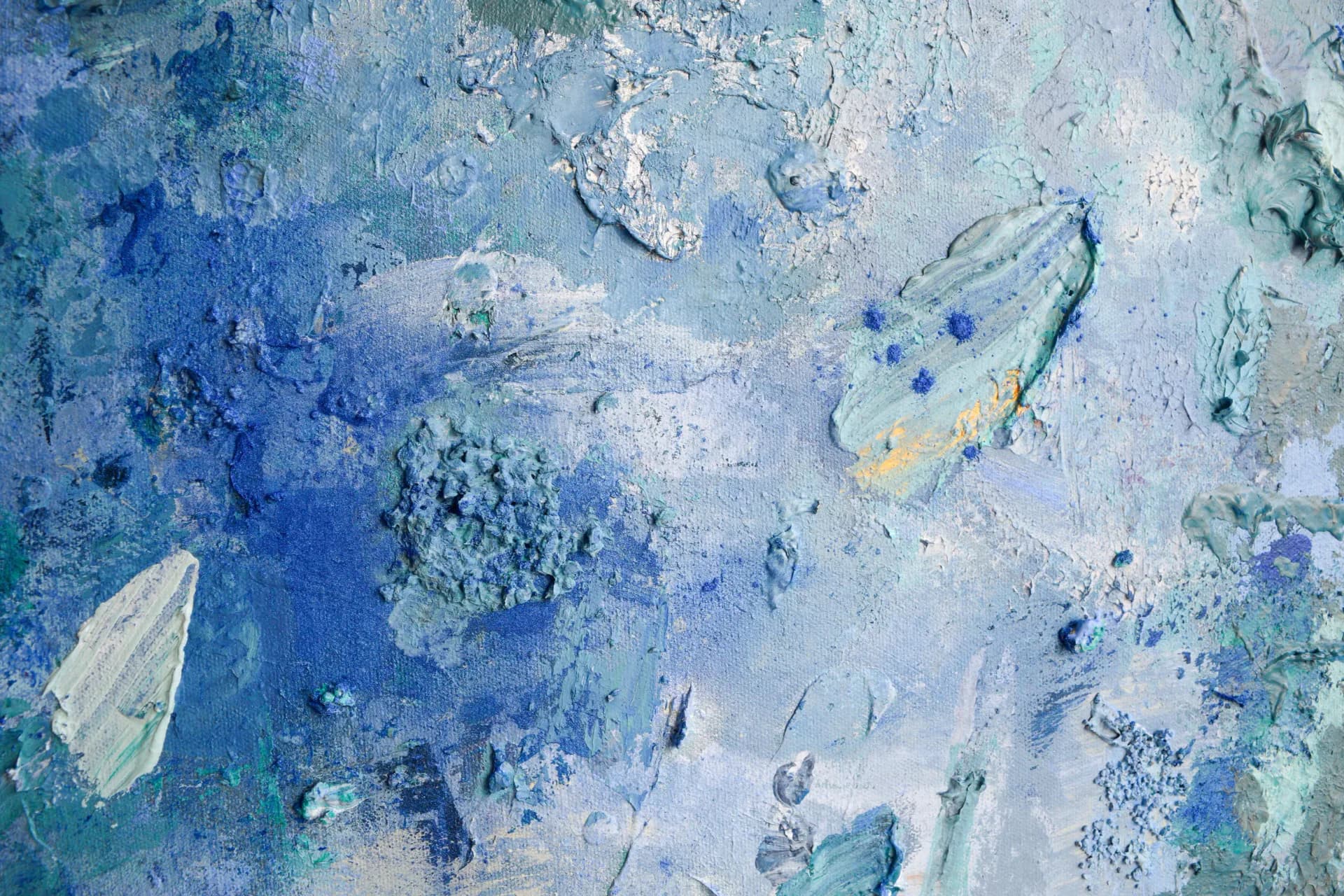 Large-scale abstract painting in blue and teal with heavy impasto texture