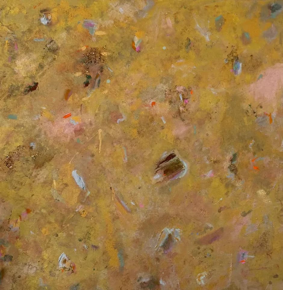 Abstract painting with purple, pink, and gold layered brushstrokes, gestural marks, and splattered texture on light background.