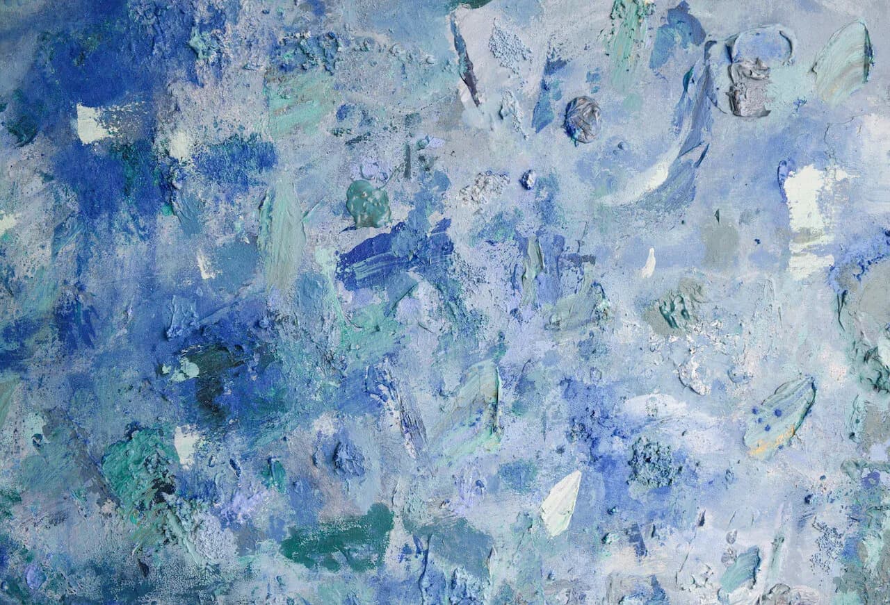 Large-scale abstract painting in blue, teal and lavender with heavy impasto texture