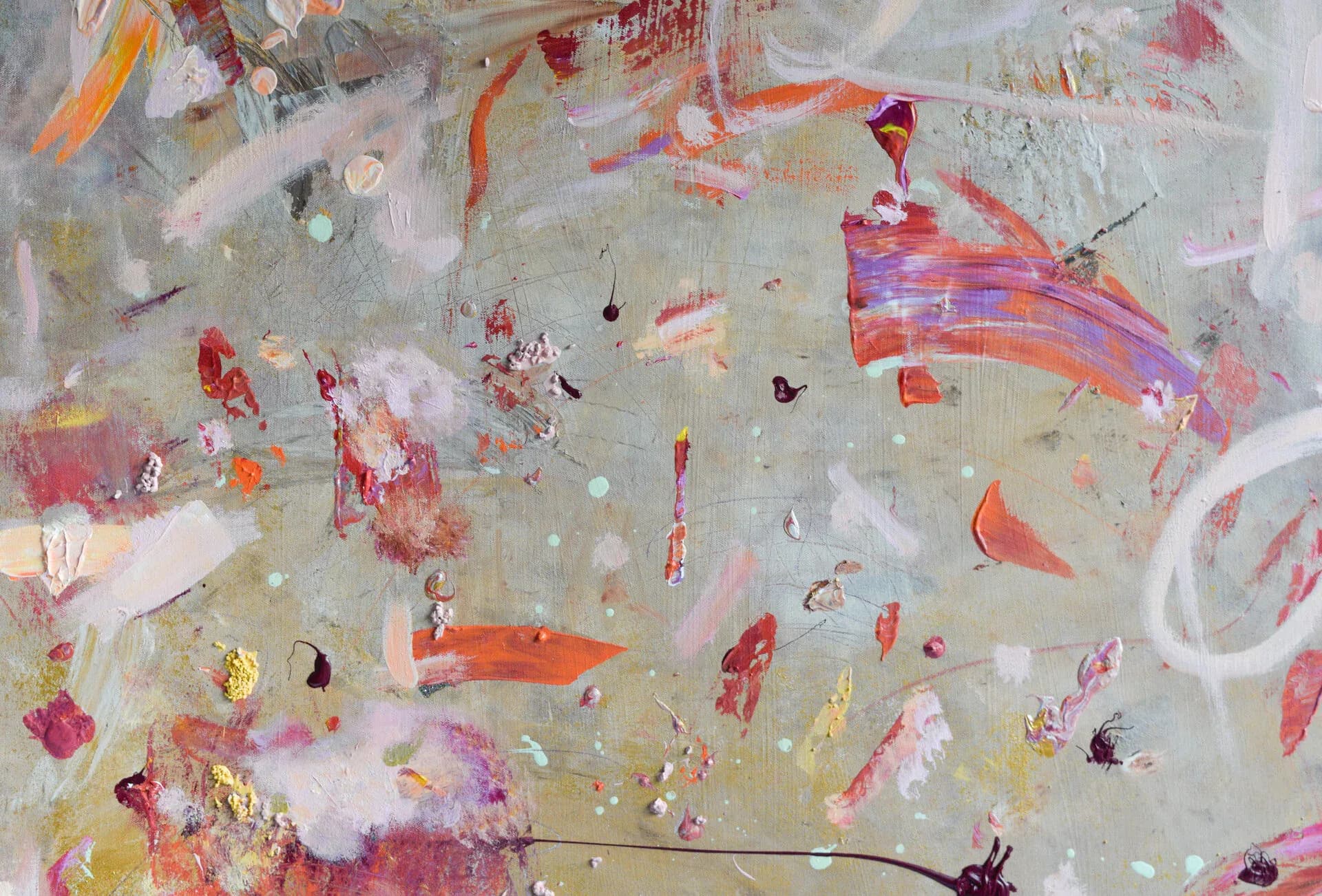 Abstract painting with orange, red, pink and lavender gestural marks on sage ground