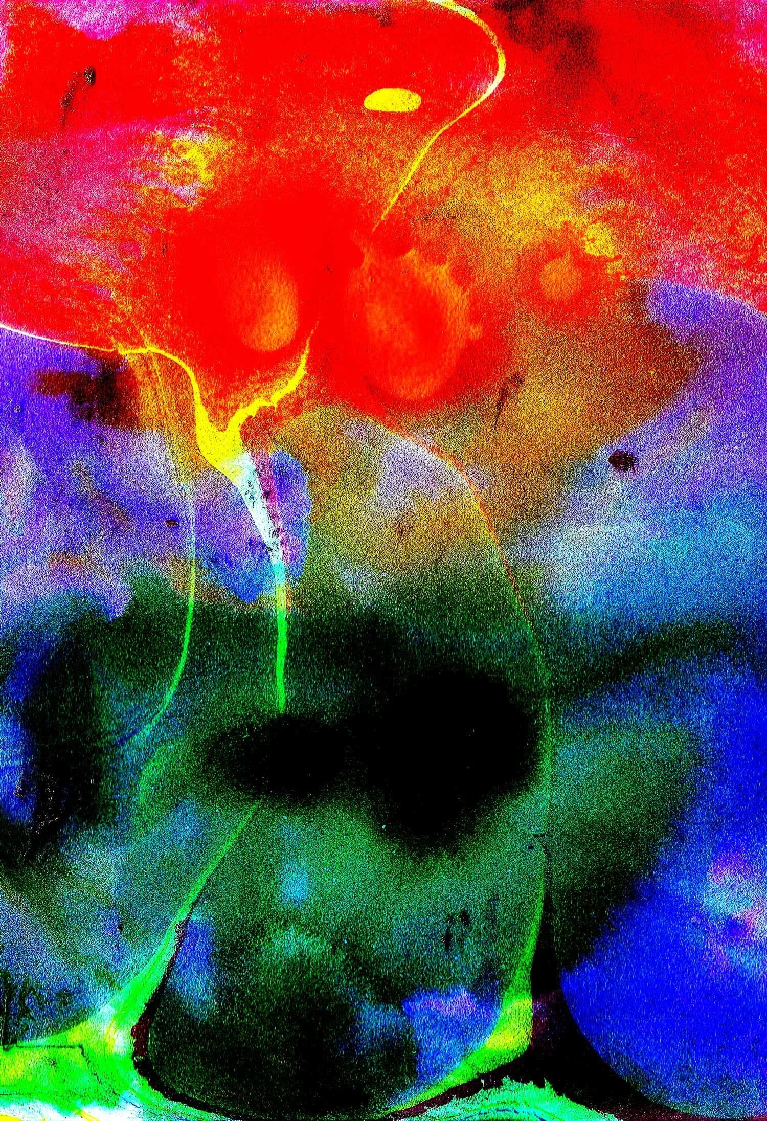 Vibrant abstract painting with red, blue, green and yellow swirling forms