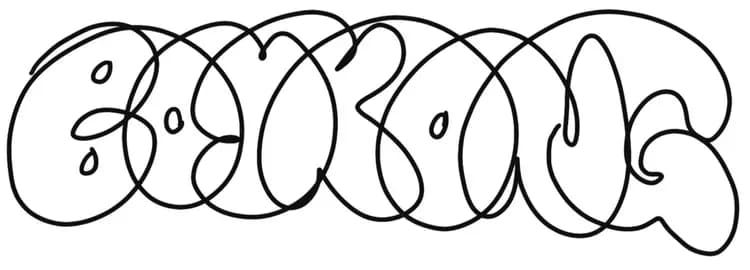 Black line-drawing sketch of organic, intertwining bubble-letter graffiti typography in Boy Kong's signature wild-style.