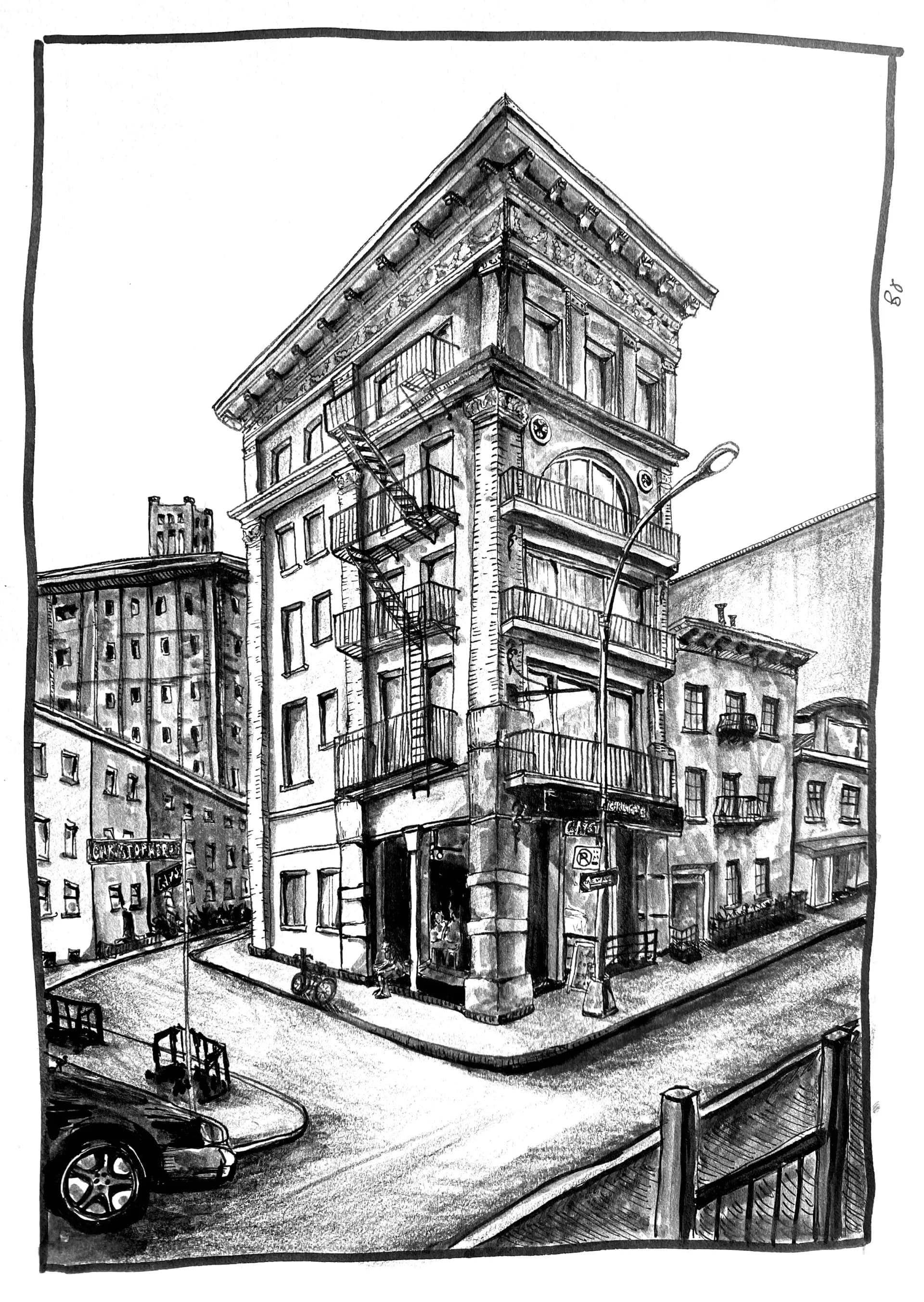 Ink drawing of NYC street scene with One World Trade Center in background