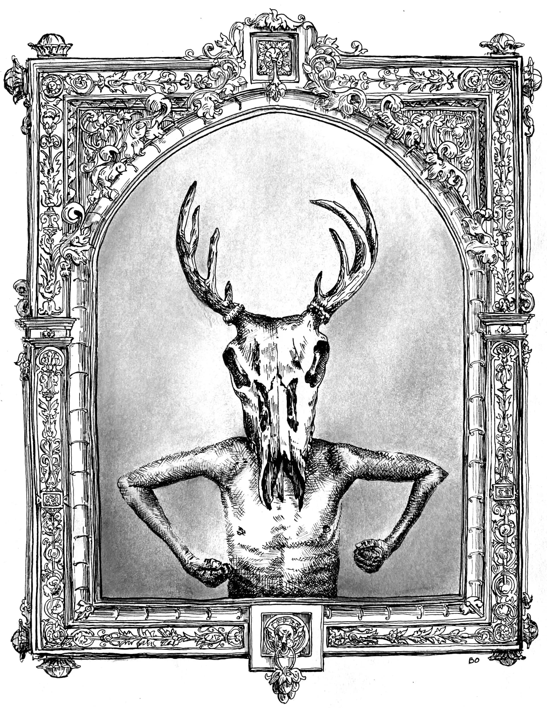Ink drawing of figure with deer skull head and antlers in ornate decorative frame