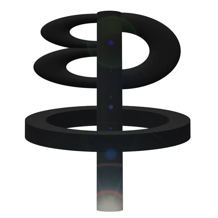 Abstract 3D rendered sculpture in black with interlocking oval loops and a vertical post with blue luminous dots.
