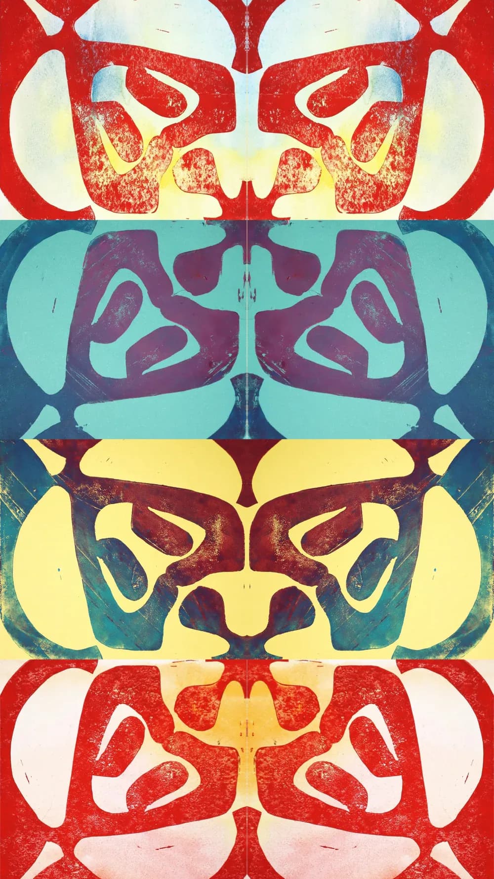 Symmetrical abstract composition in red, yellow, teal, and cream depicting fragmented organic forms stacked vertically with mirrored sections.