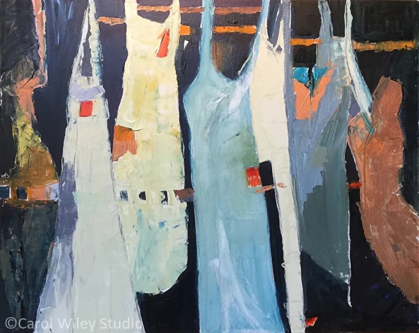 Abstract painting of hanging aprons in blues, whites, and earth tones against dark background