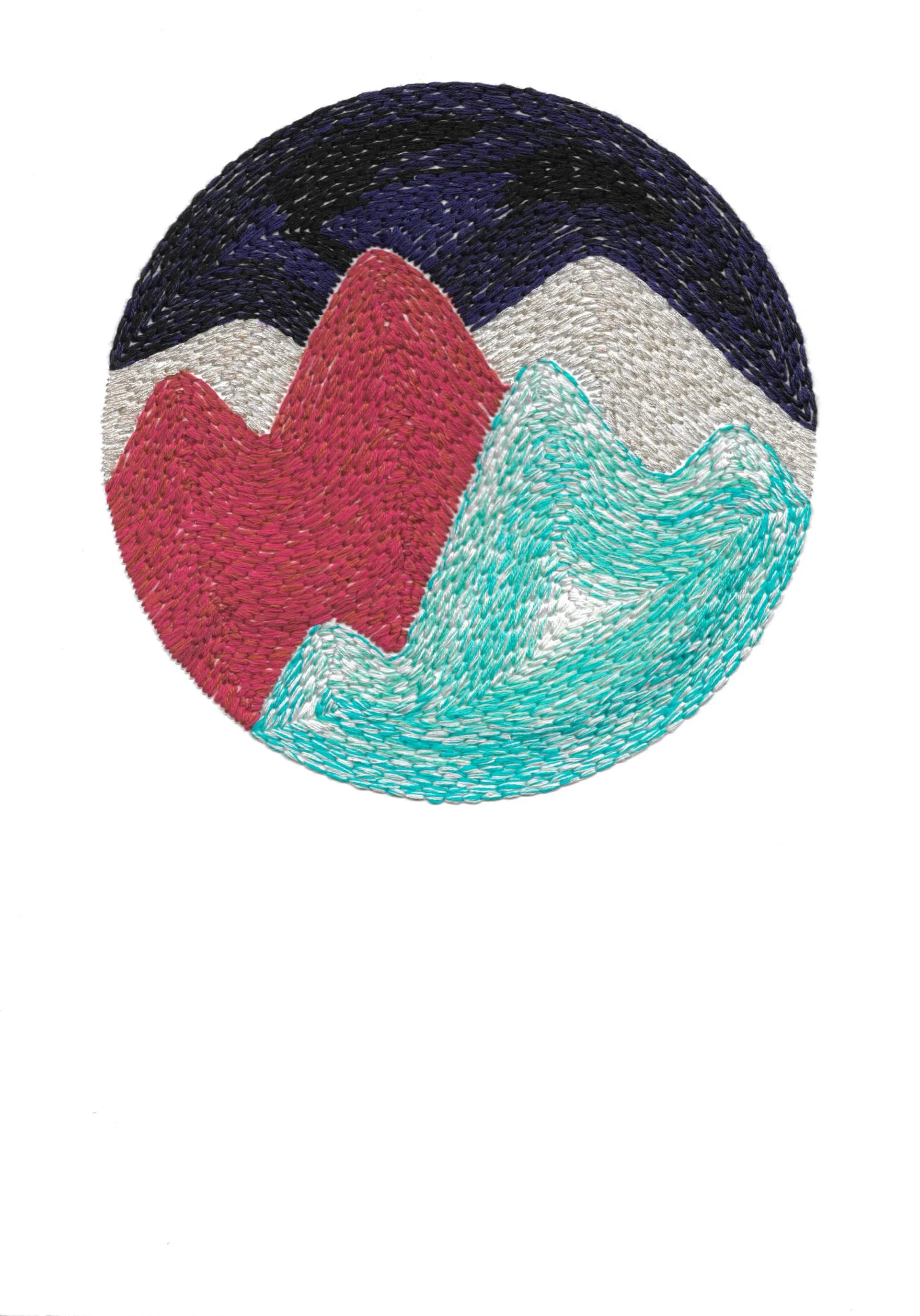 Circular embroidery with dark navy, crimson, silver, and teal layered mountain landscape in thread