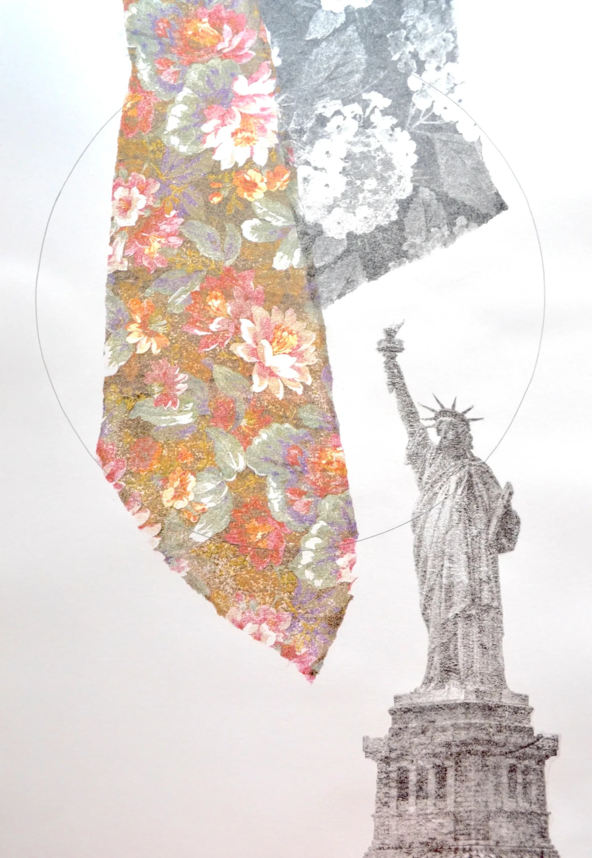 Mixed-media collage with floral fabric, Statue of Liberty engraving, and circle motif on white ground