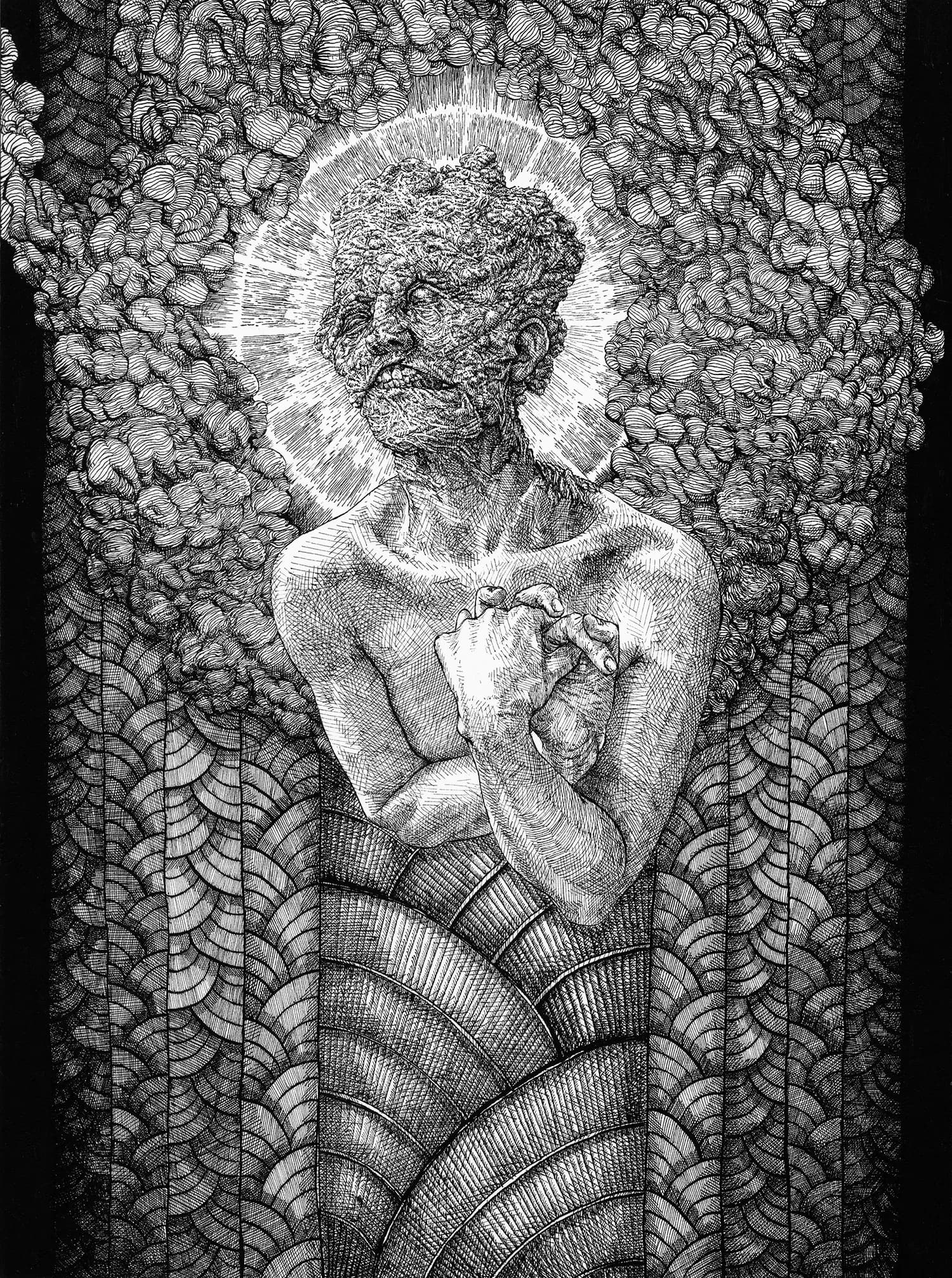 Highly detailed ink portrait of a figure with a melted or distorted face against a geometric patterned background with floating acanthus leaves