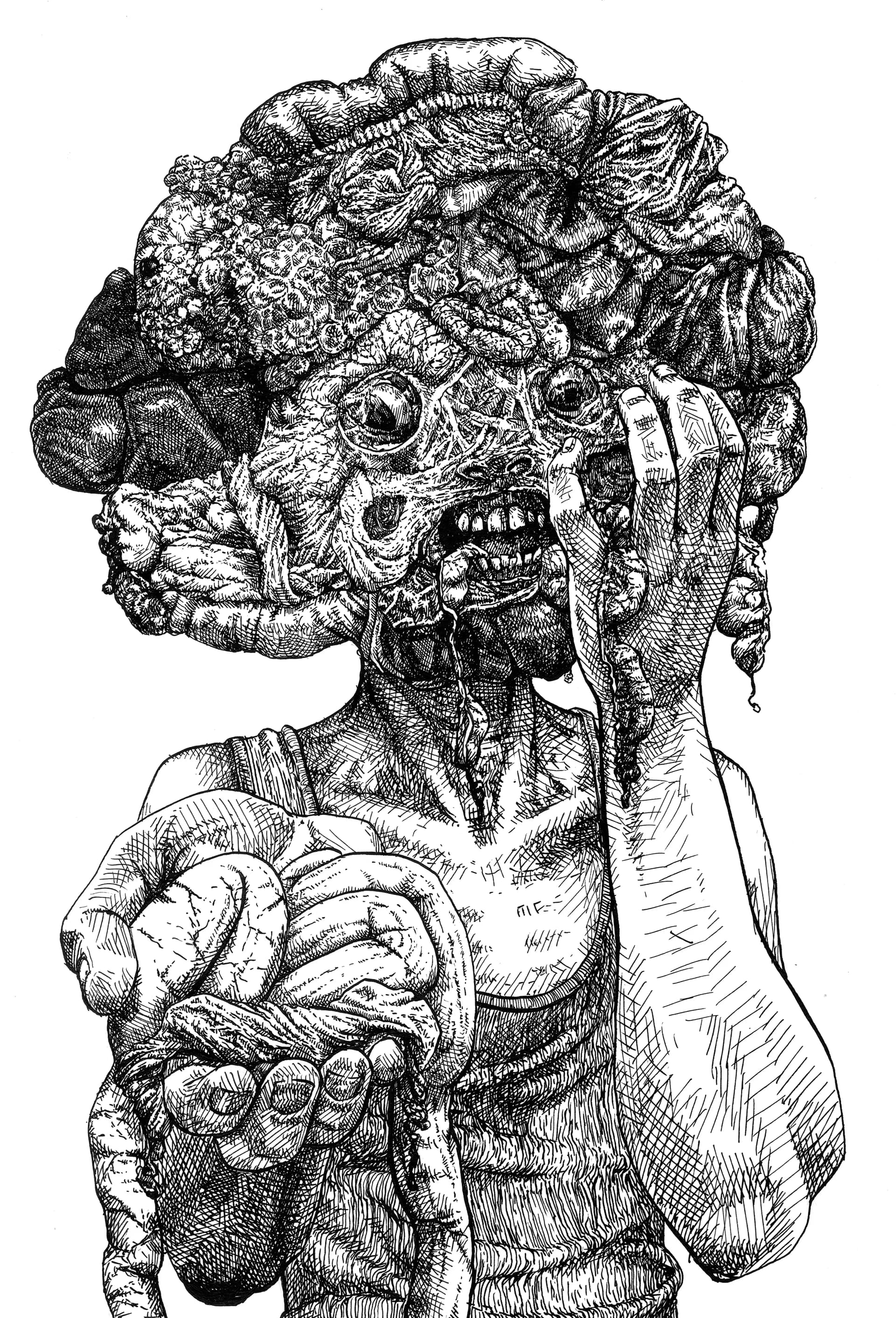 Colorful mixed-media work depicting a curled nude figure perched atop an organic fleshy mass on a pedestal, surrounded by ornate baroque foliate patterns in red and orange