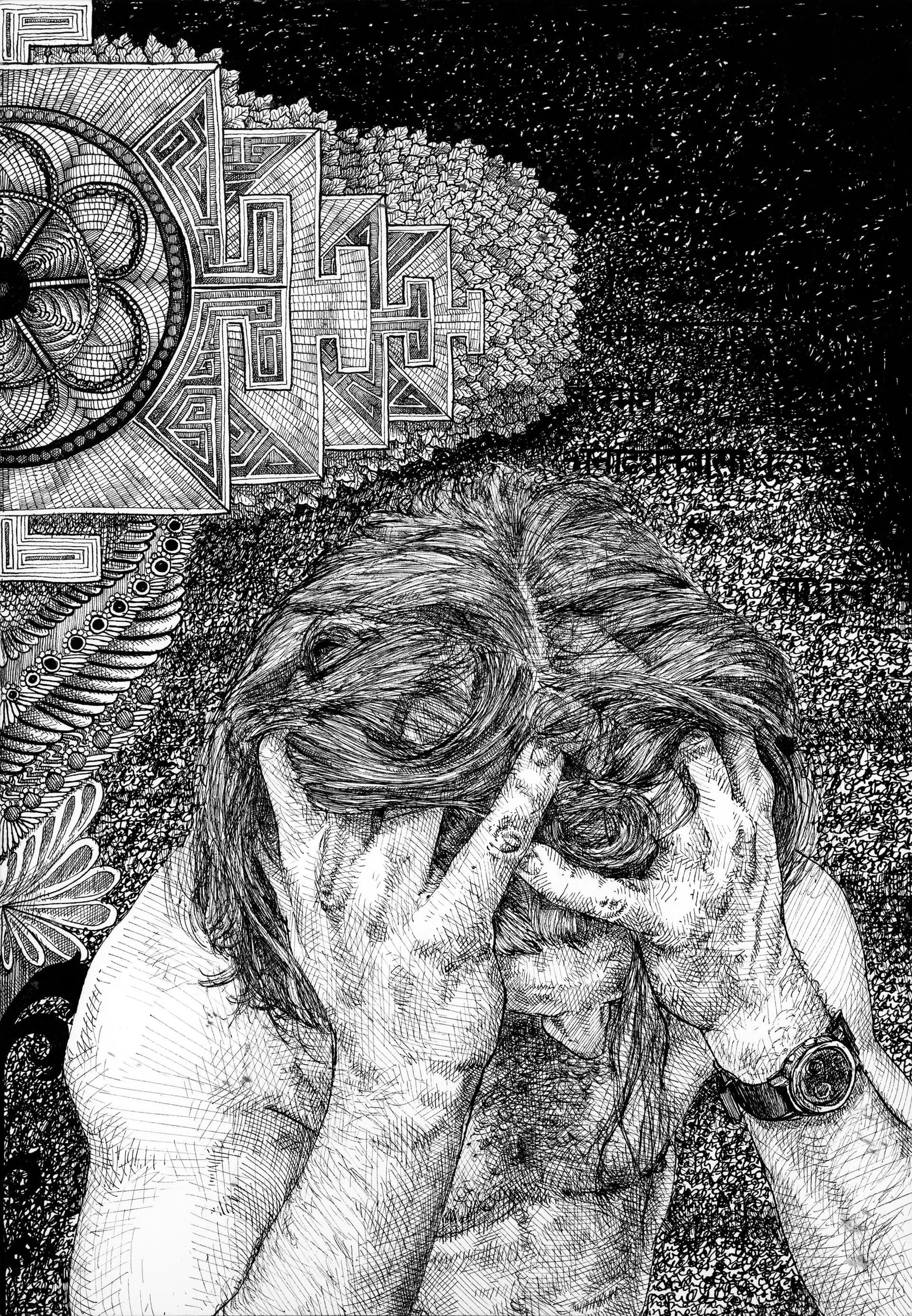 Detailed ink drawing of a shirtless figure with a luminous halo surrounded by dense cloud-like patterned forms, hands clasped in a devotional pose