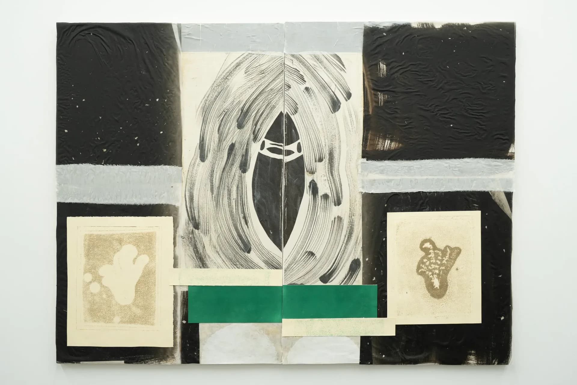 Mixed media collage combining black painted panels, gestural drawing, and small photographic prints with green accent