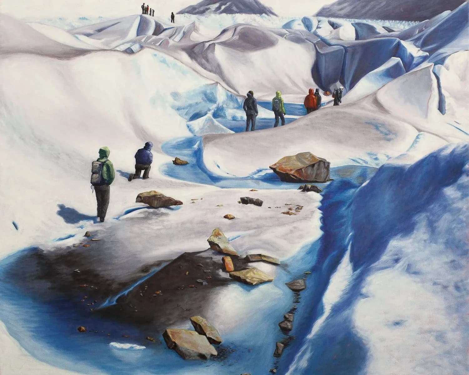 Oil painting of figures on a glacier with vivid blue meltwater channels and rocky debris