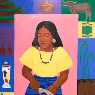 Figurative painting of a woman in a yellow top with cultural imagery