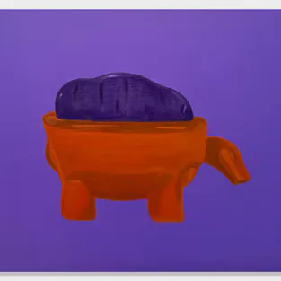 Painting of a purple ube in a red animal-shaped clay pot on purple background