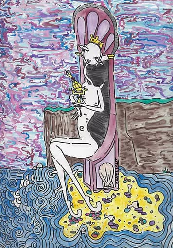 Crowned figure seated on throne by the sea with patterned background