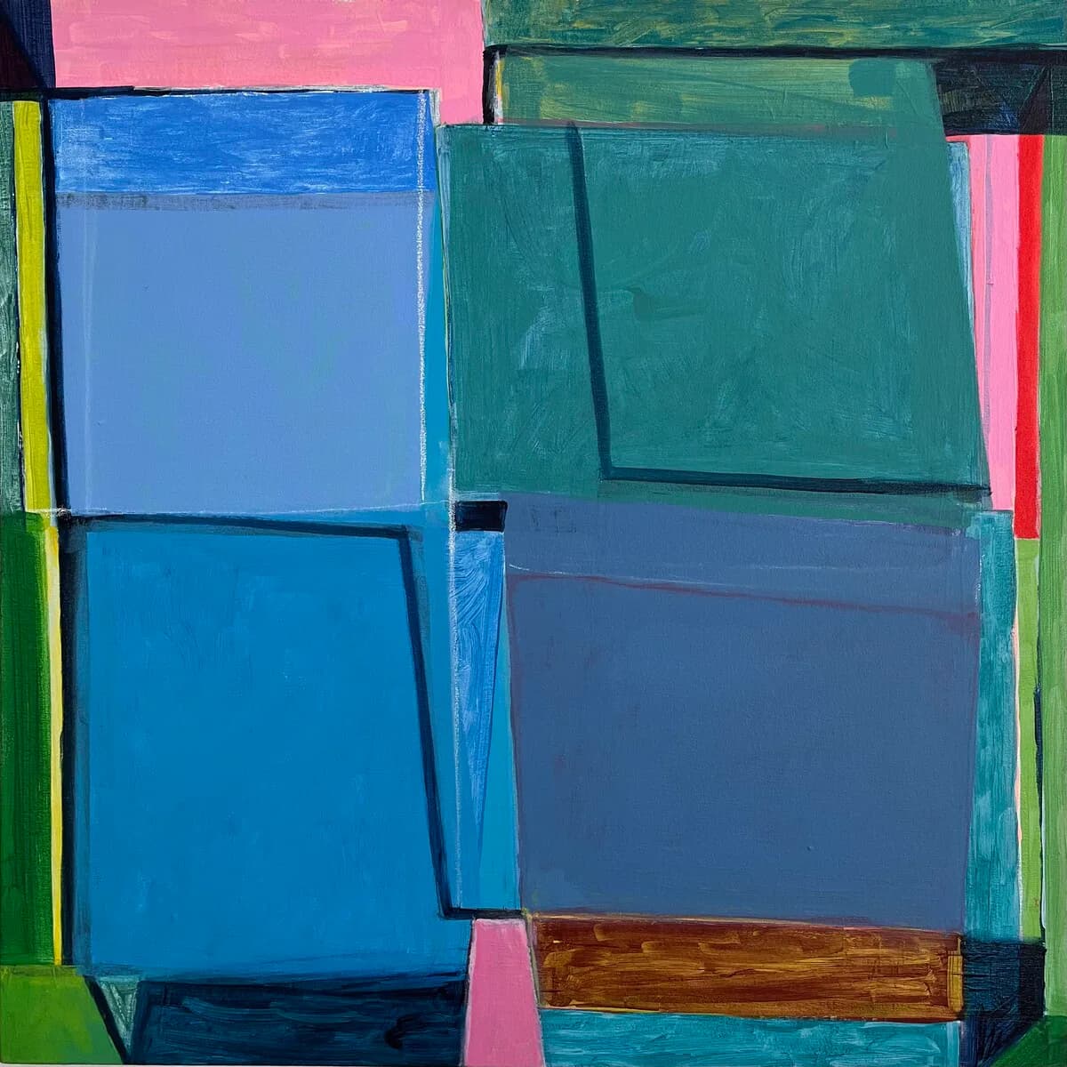 Abstract painting with large blue, green, and lavender rectangles accented by pink, red, and yellow stripes