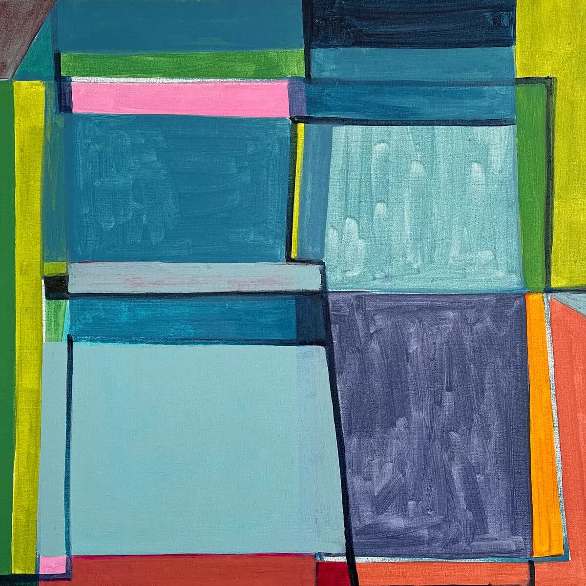 Abstract painting featuring stacked teal, light blue, purple, and chartreuse rectangles with pink and orange accents
