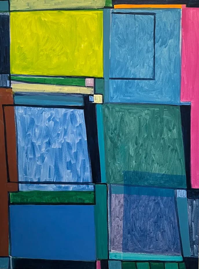 Abstract painting with yellow-green, blue, green, and pink rectangular forms on a dark ground