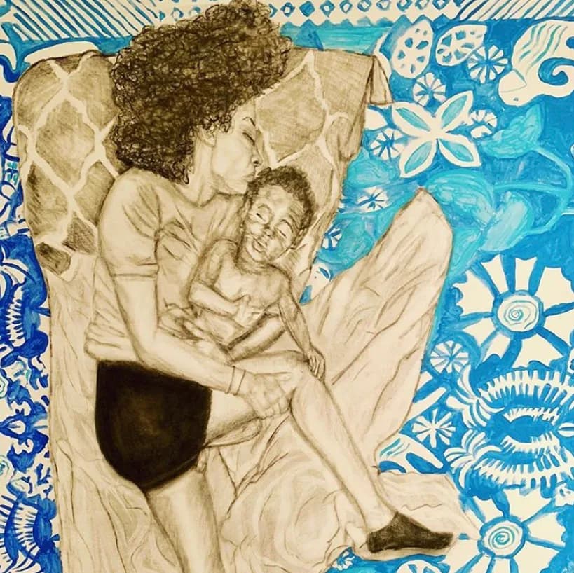 Detailed charcoal drawing of a woman with large afro in a Casablanca setting