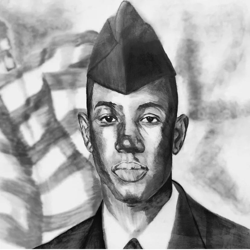 Mixed media drawing of a mother kissing a child against a blue patterned background