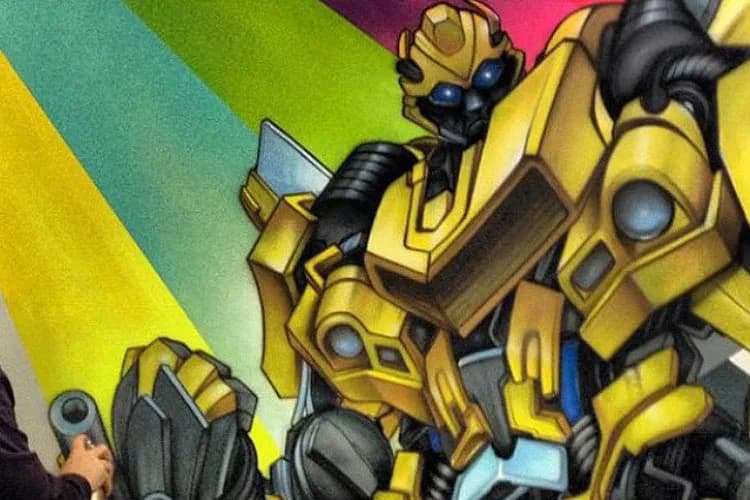 Mixed-media illustration of a yellow and black robot or mecha character against a colorful gradient background, rendered in vibrant greens, yellows, and magentas.