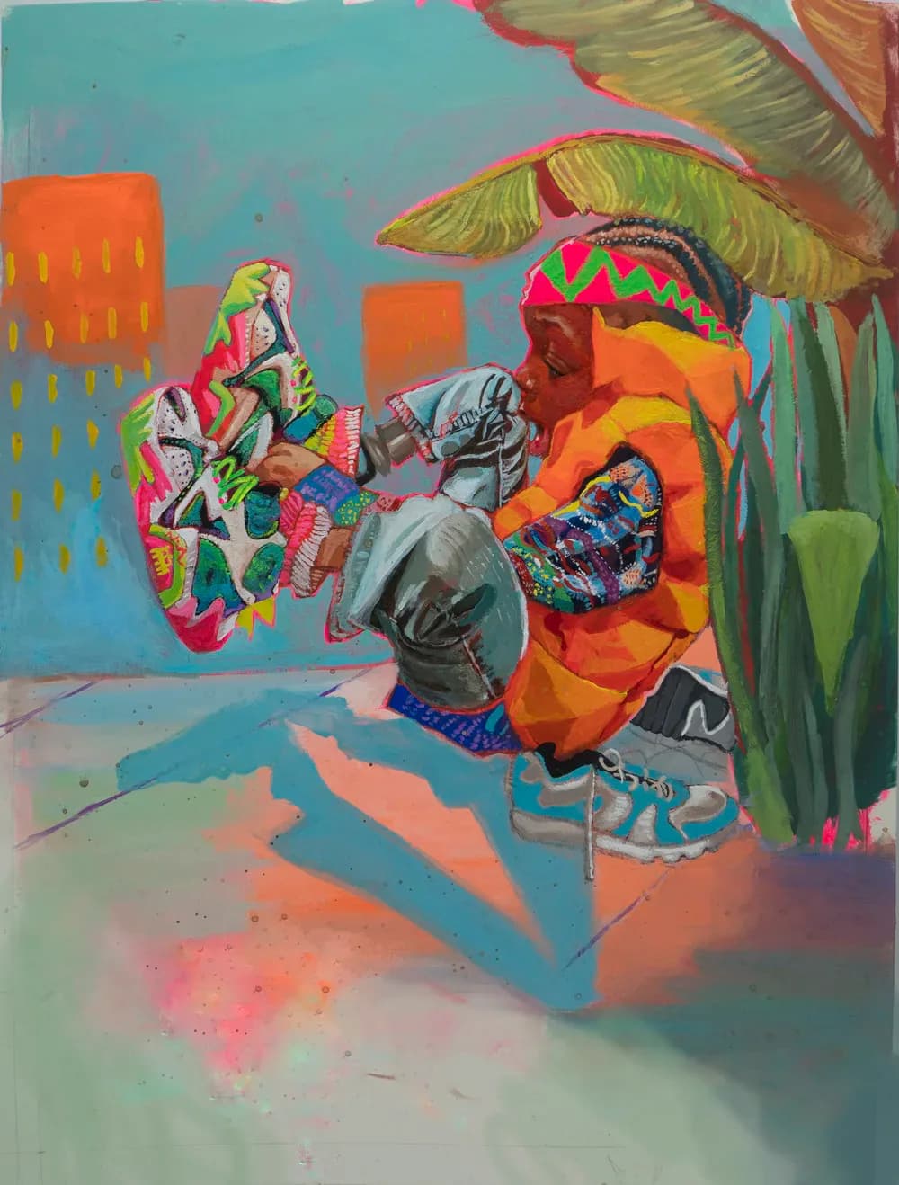 Vibrant mixed-media collage with figure in patterned clothing interacting with oversized orange flower form against turquoise cityscape, by Charles G. Esperanza.
