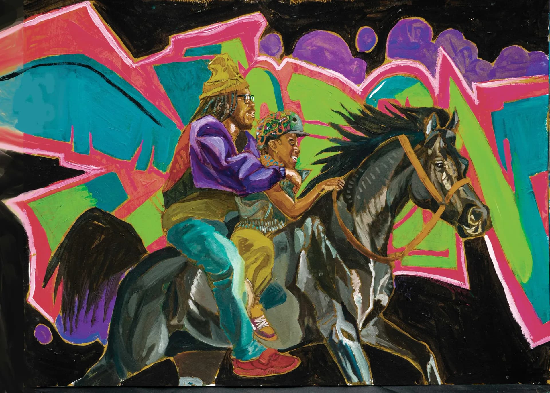 Street art-style painting of figure on dark horse against vibrant turquoise, pink, and green abstract background by Charles G. Esperanza.
