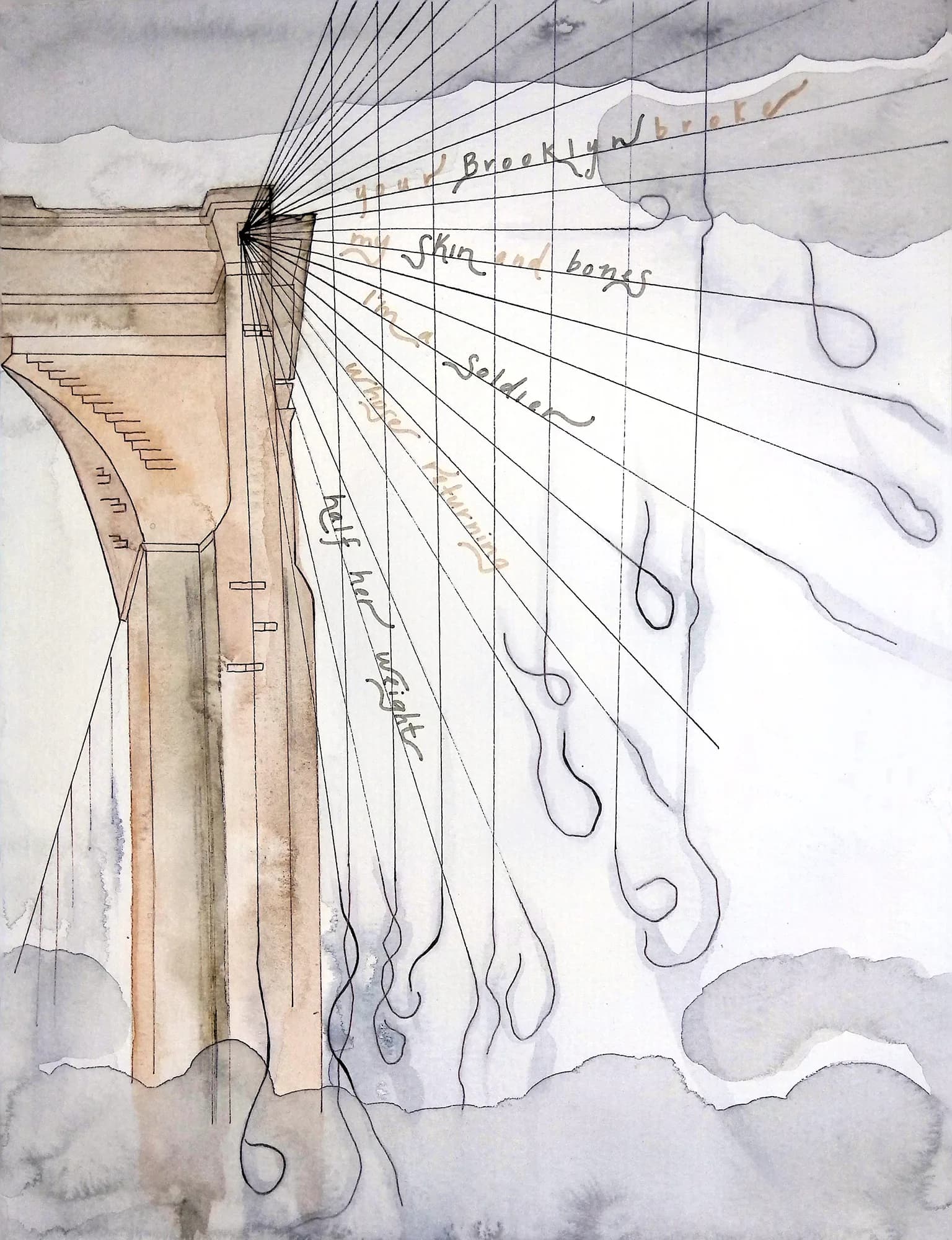 Watercolor and collage artwork featuring a spiral staircase split in two color halves with handwritten lyrical text