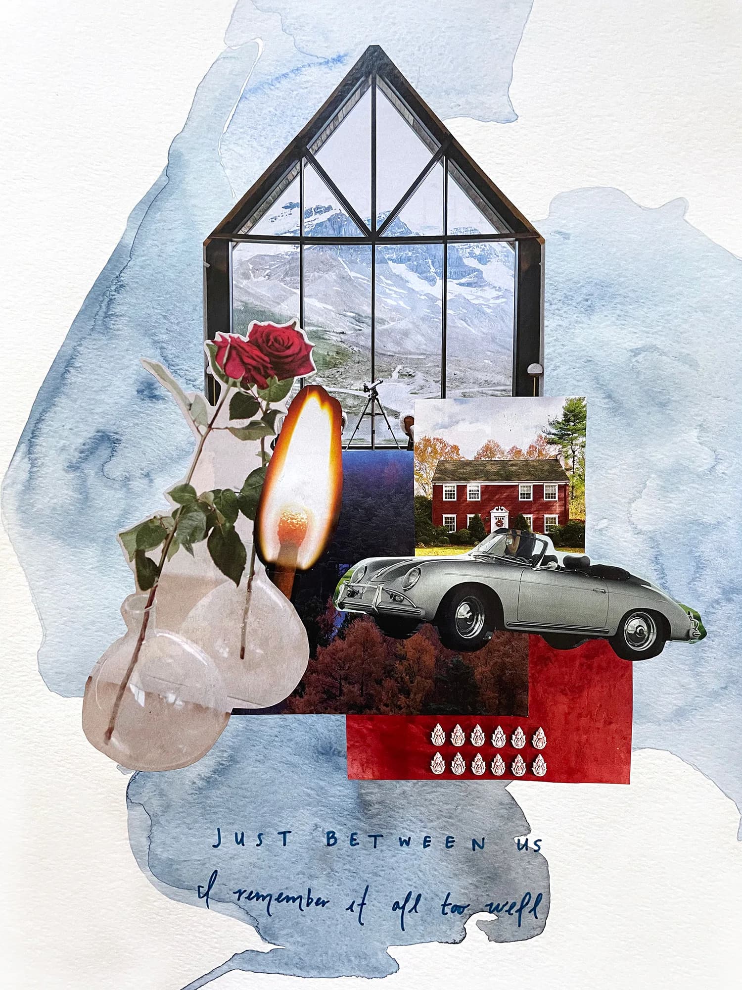 Mixed-media collage with watercolor wash, rose in vase, vintage car, candle flame, and handwritten text on blue watercolor background