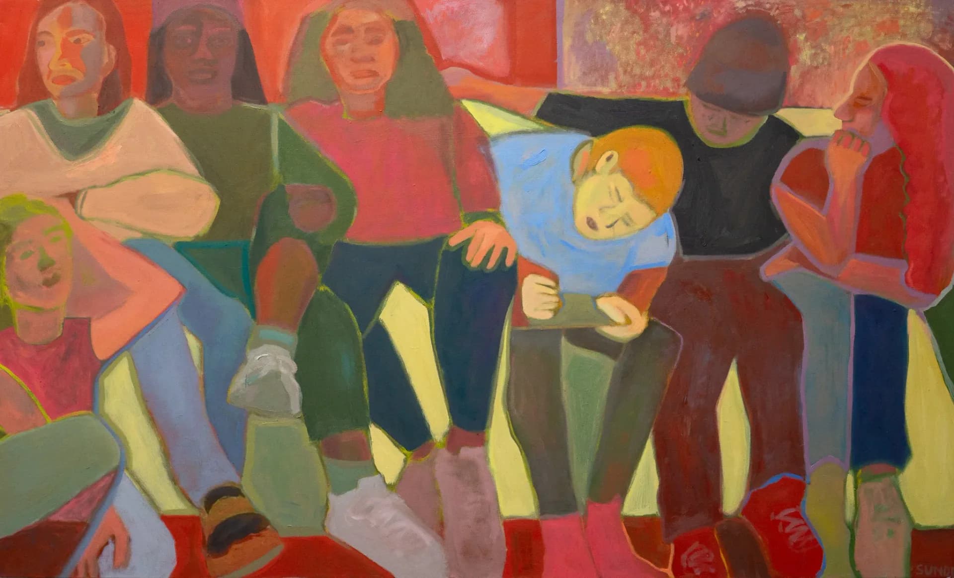 Colorful figurative painting of a group of people lounging together in red and green tones