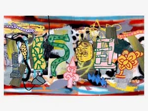 Wide panoramic painting with figures, animals and abstract elements on warm reddish background