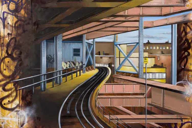 Painting of a curved subway or train track through an industrial corridor with yellow safety railings and brick buildings beyond, rendered in warm golden and blue tones.