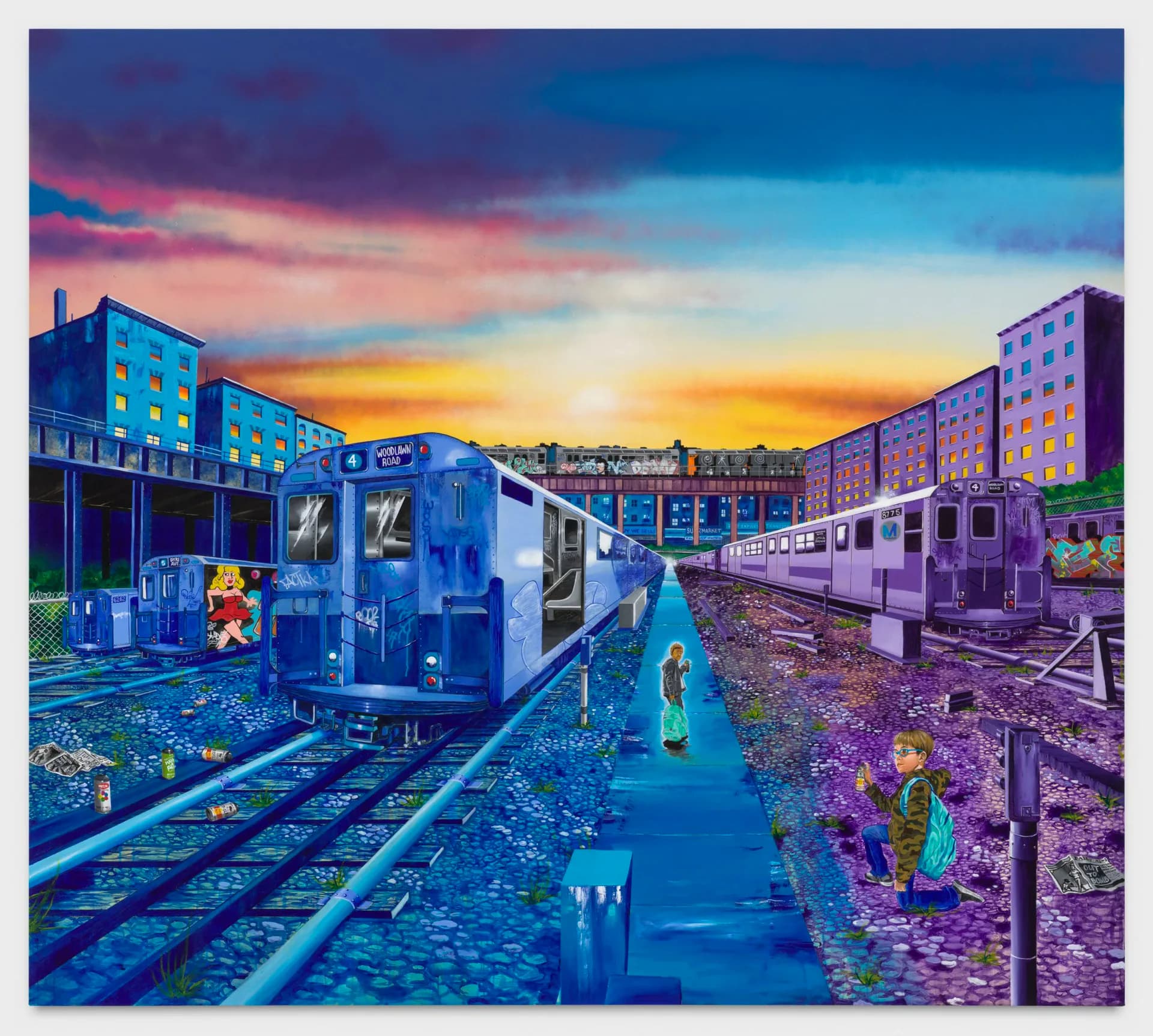 Mixed-media painting of blue and white subway cars on tracks at dusk with urban buildings and colorful graffiti, vibrant sunset sky in background.