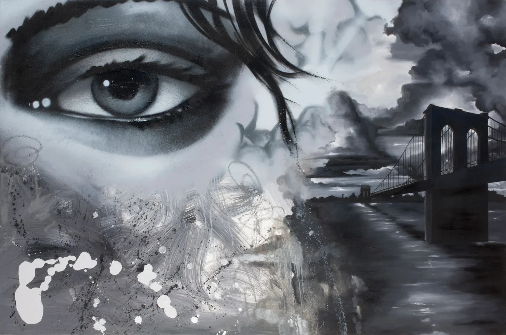 Black and white mixed-media artwork combining a detailed eye portrait with an architectural scene featuring a bridge, rendered with sketch and paint elements.