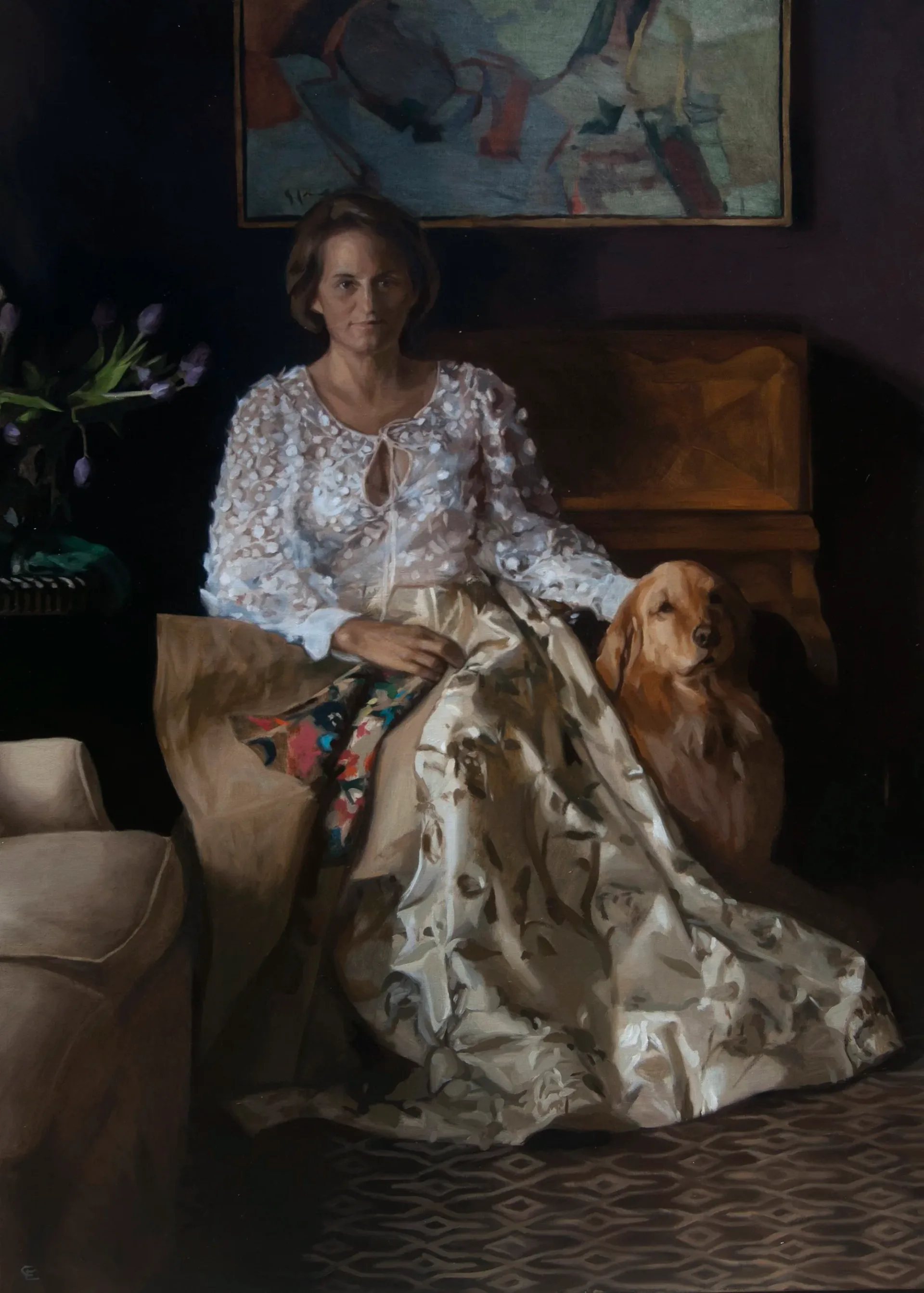 Oil painting of a woman in an ornate floral dress seated with a golden retriever in a richly furnished interior