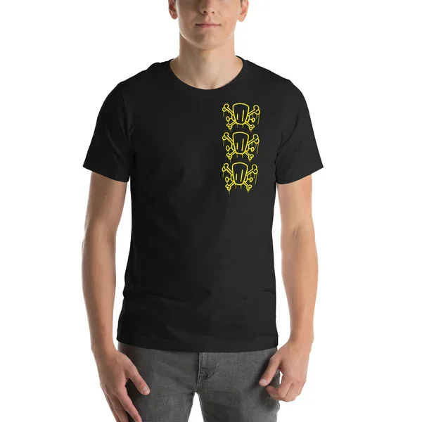 Black t-shirt with small yellow robot design on chest, vertically stacked triple formation.