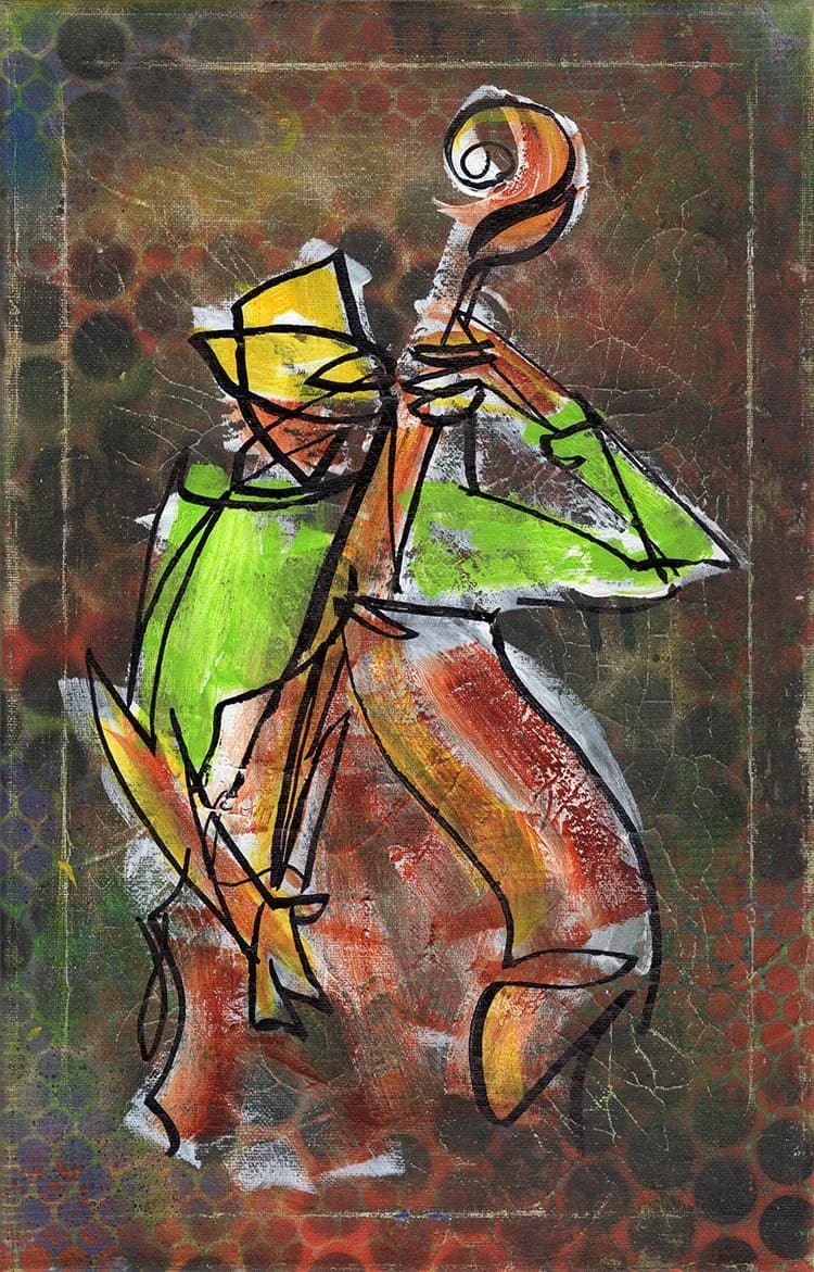 Abstract expressionist painting of a bassist in green and orange on textured canvas