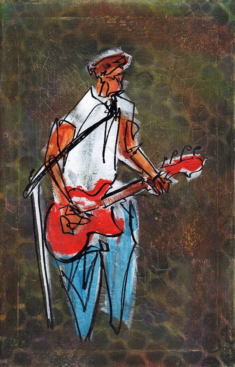 Gestural painting of an electric guitarist with red guitar on dark textured background