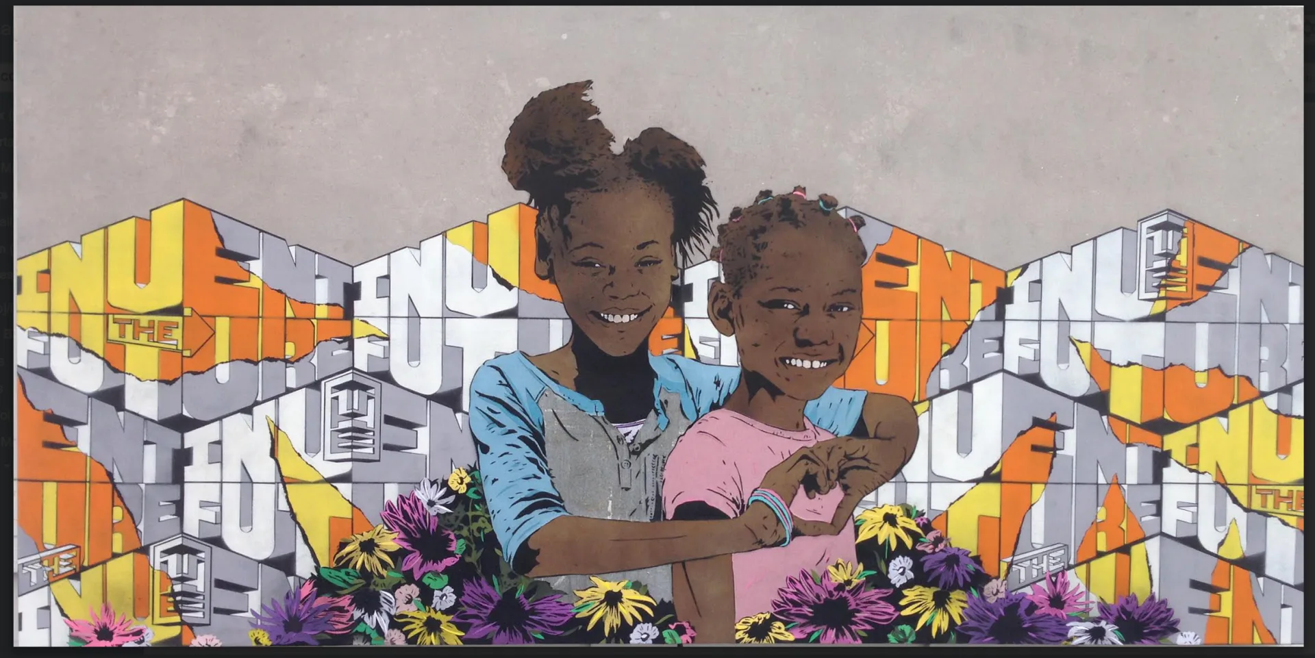 Two smiling children with raised arms in blue and pink clothing against stylized geometric orange and white building backdrop with purple flowers.