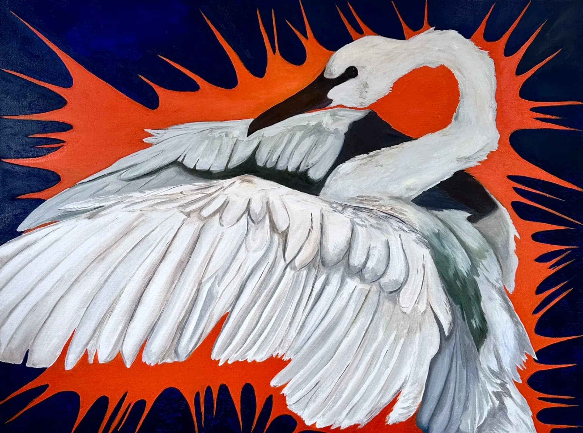 Painting of a white swan with wings spread against a vivid orange and navy starburst background