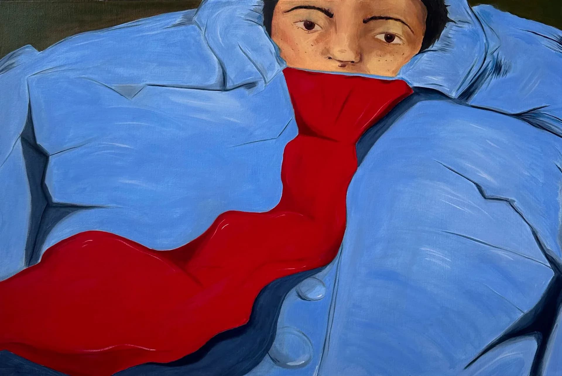 Painting of a figure in a blue jacket lying down with a bold red turtleneck sweater snaking across the composition