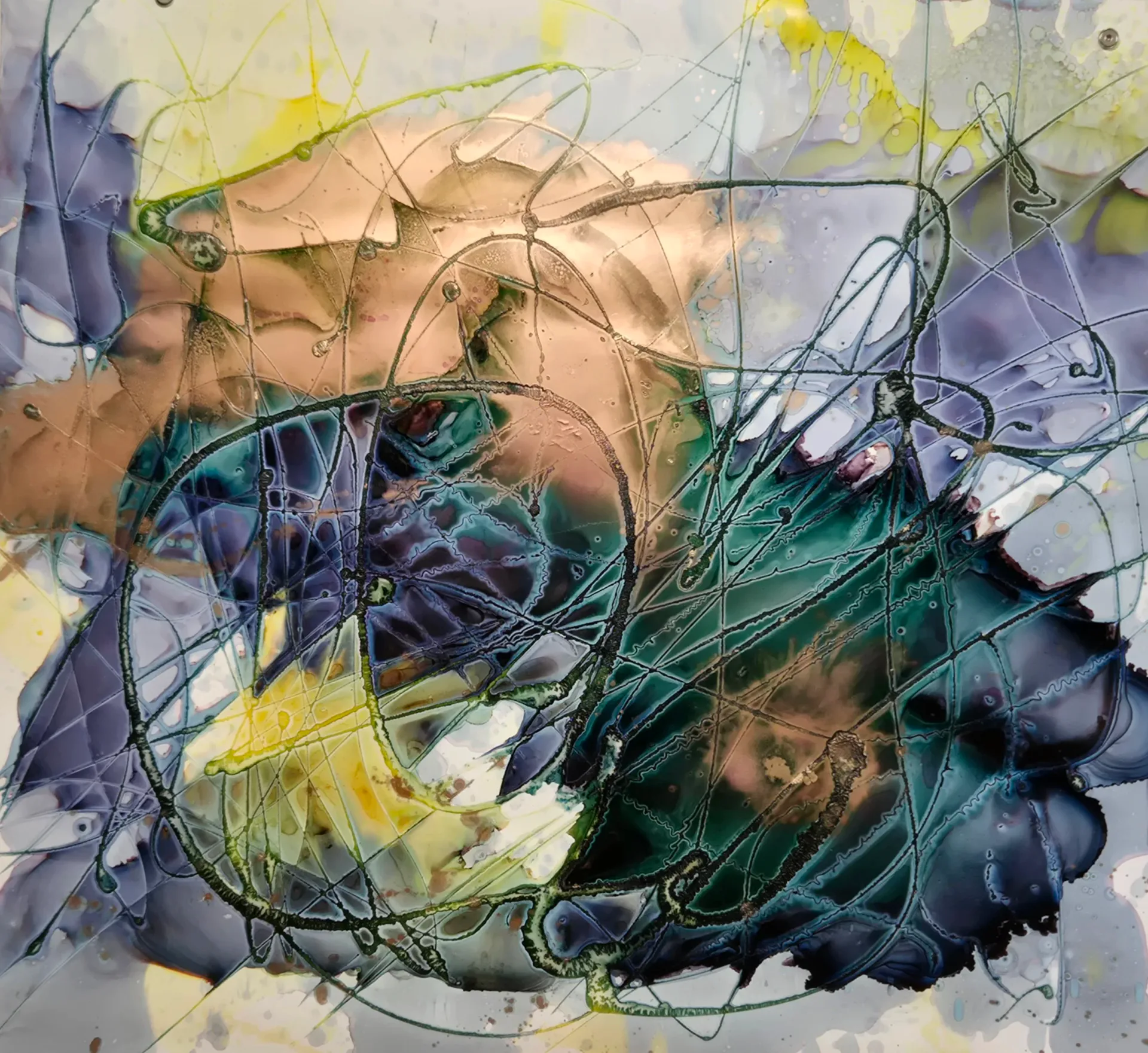 Layered mixed media collage with alcohol ink in warm and cool tones—peachy, yellow, purple, teal—with black gestural drawing marks across translucent surfaces.