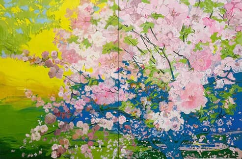 Large-scale diptych painting of cherry blossoms in pink and white against vivid yellow-green and blue