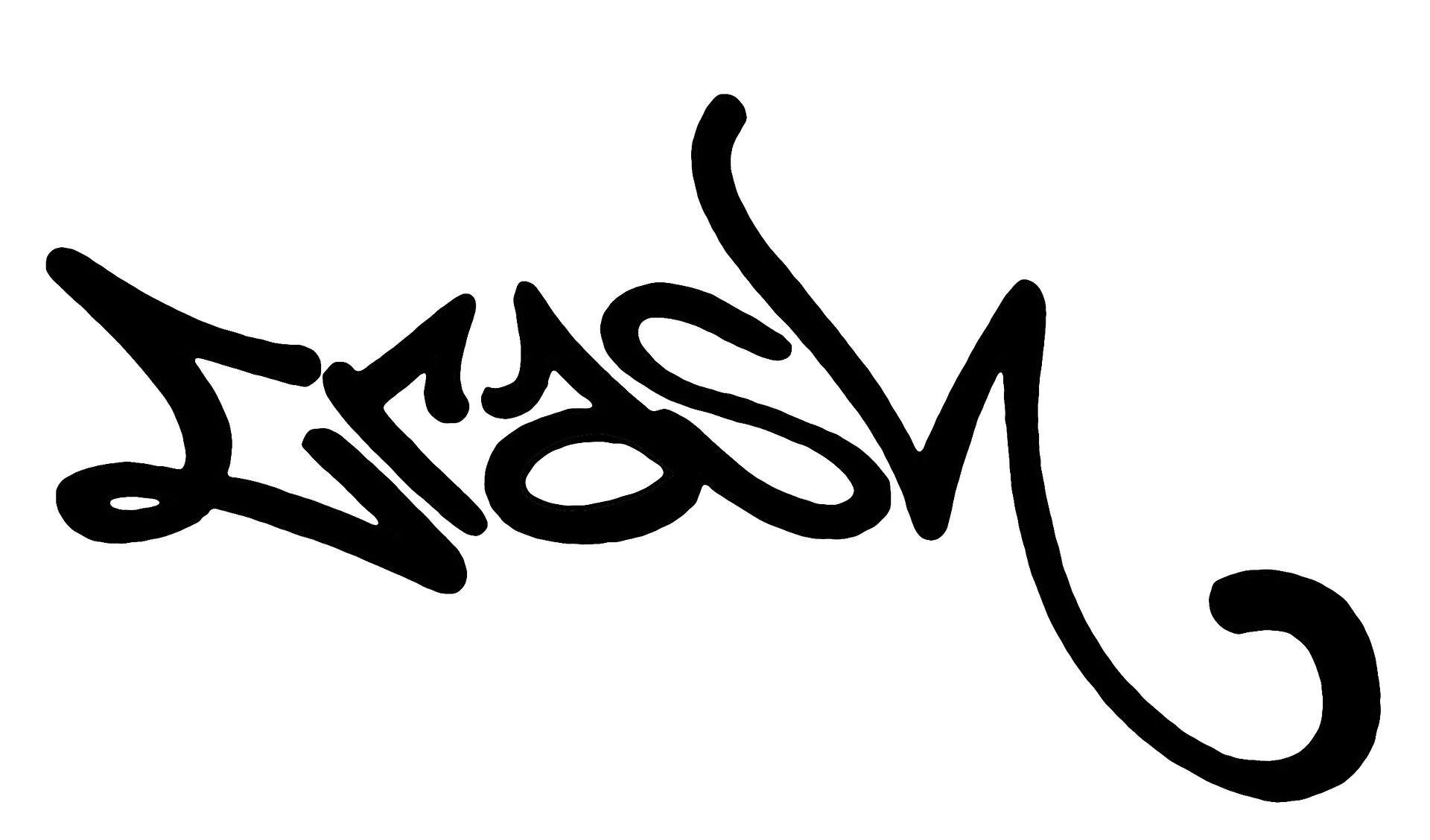Black wildstyle graffiti tag with flowing letters and decorative curves, characteristic of Crash's signature style.